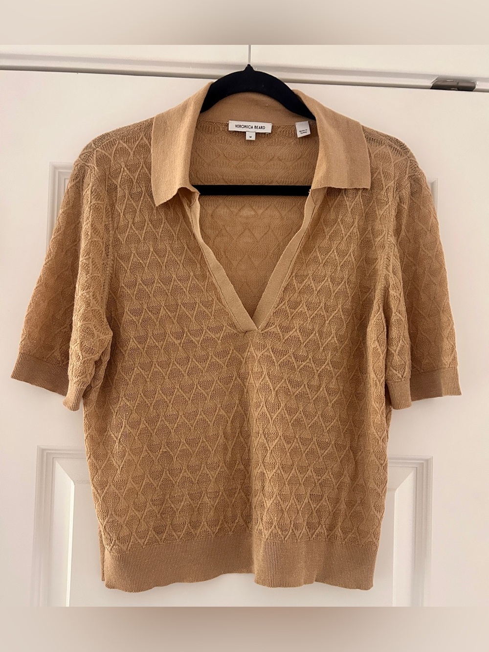 Veronica Beard Issa Knit Polo Sweater Diamond Pointelle Linen Blend Ecru Size M